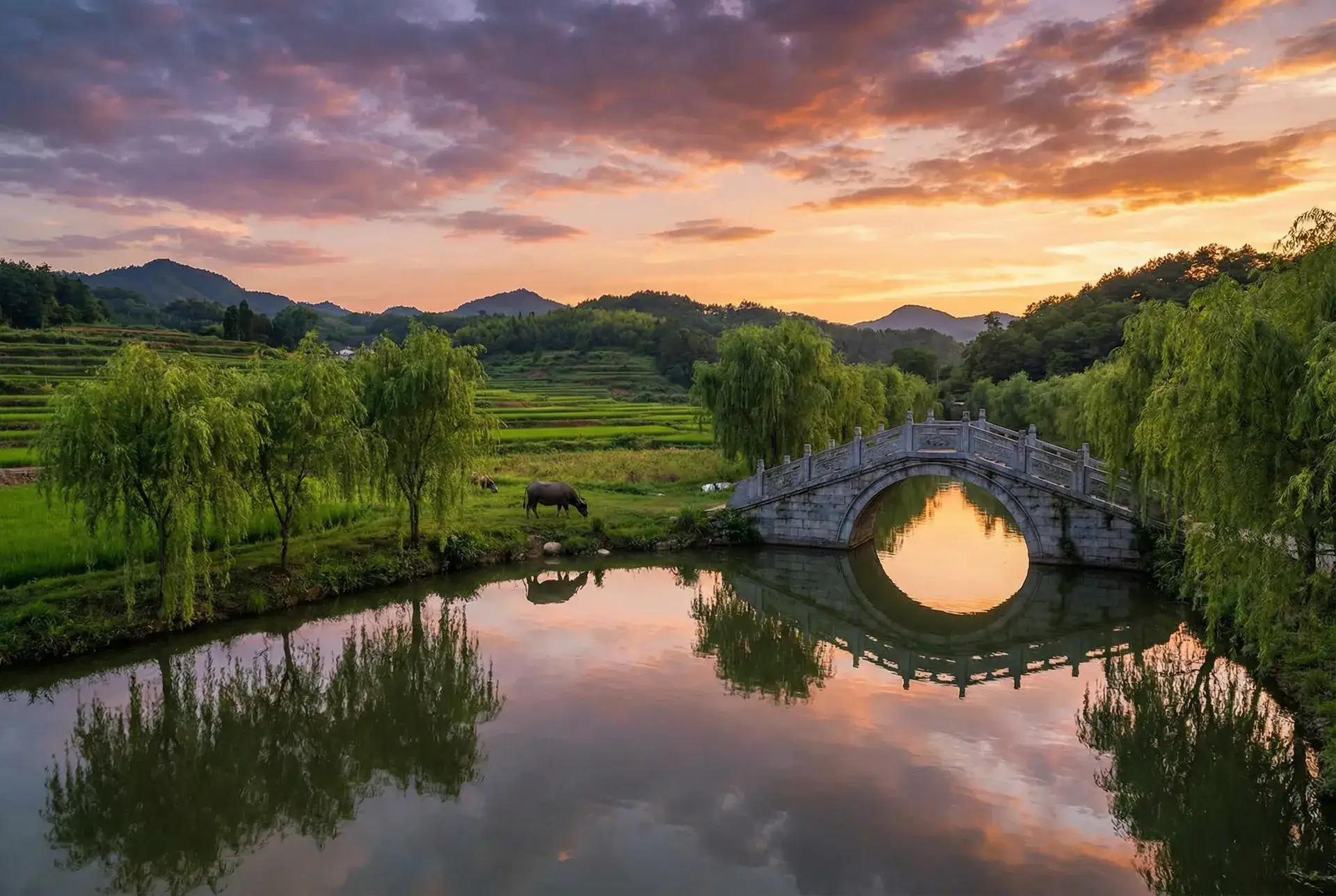 夕阳下的石拱桥与垂柳，水牛在河边吃草 - 蓝百万 乡村美景